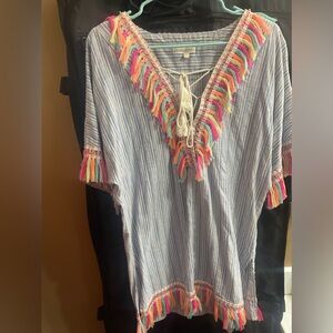 Velzera Light Blue Striped Tassel V-Neck Dress Cover-Up